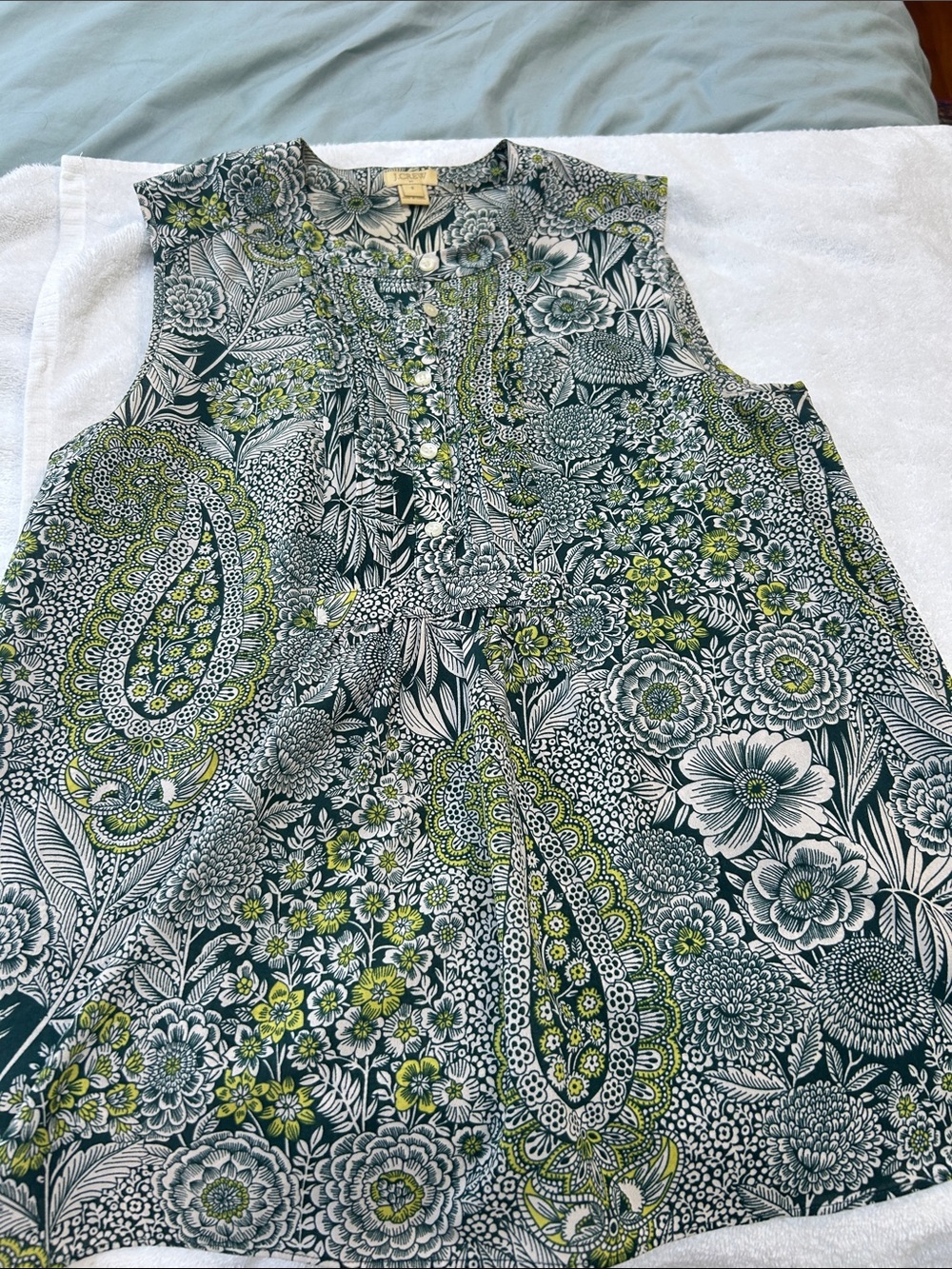 J. Crew Factory Green, White and Yellow Paisley Floral Sleeveless Blouse